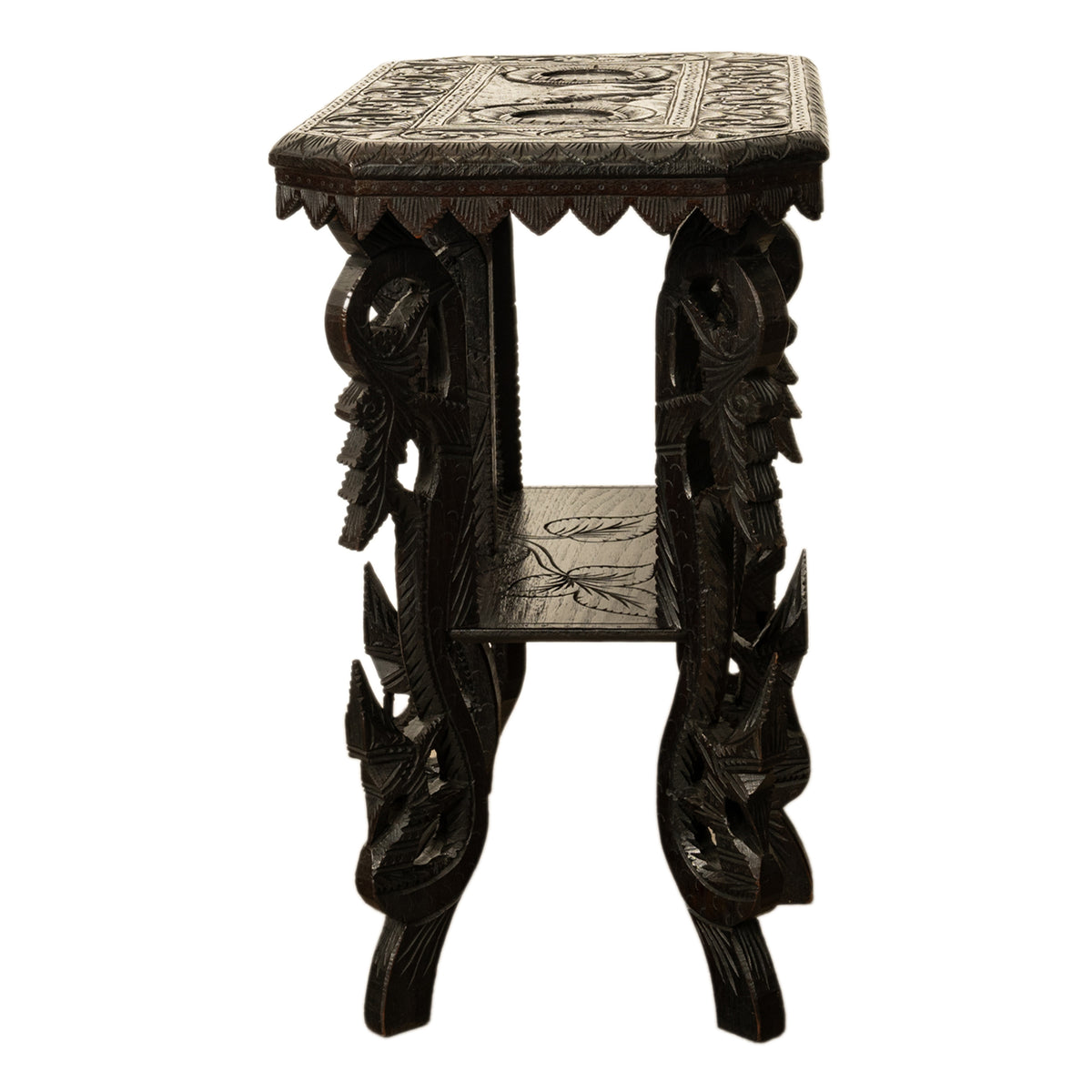 Antique Carved Anglo Indian Teak Wood Elephant Twin Tier Lamp Side Table 1900