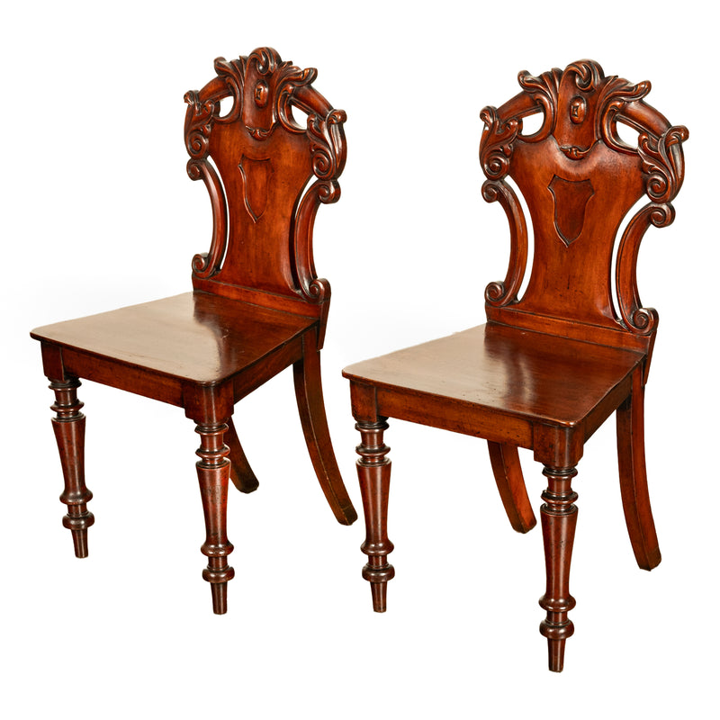 Pair Antique Regency Carved Mahogany Country House Shield Back Hall Chairs 1825