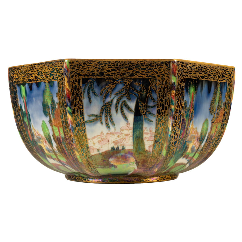 Large Wedgwood Fairyland Lustre Potrcelain Bowl Elves Boxing Match & Castle on a Road 1920