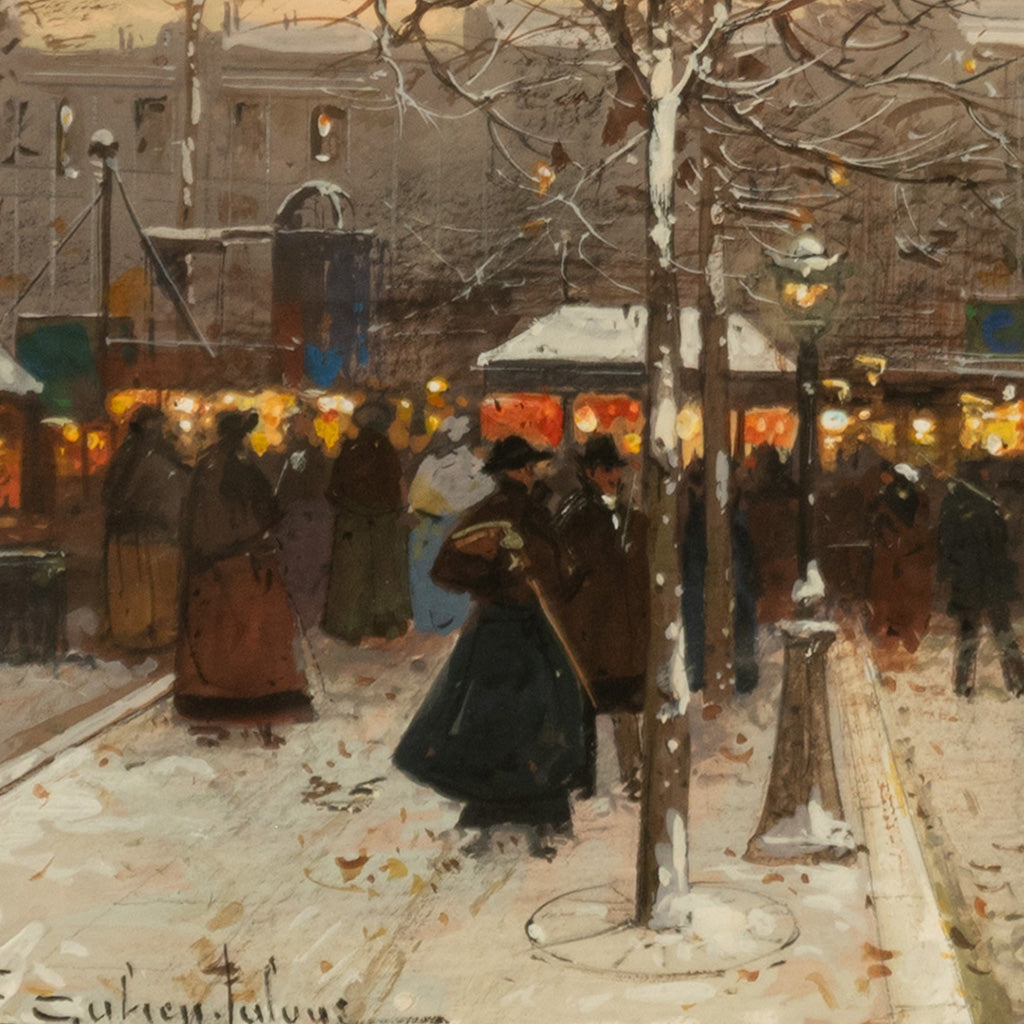 French Impressionist Painting Winter Landscape Scene "Foire de Montmartre" Paris by Eugene Galien-Laloue, 1900