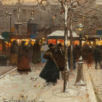 French Impressionist Painting Winter Landscape Scene "Foire de Montmartre" Paris by Eugene Galien-Laloue, 1900