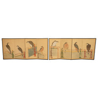 Pair Antique Japanese Edo Falcon Hawk Birds of Prey Takagari Screens 1880