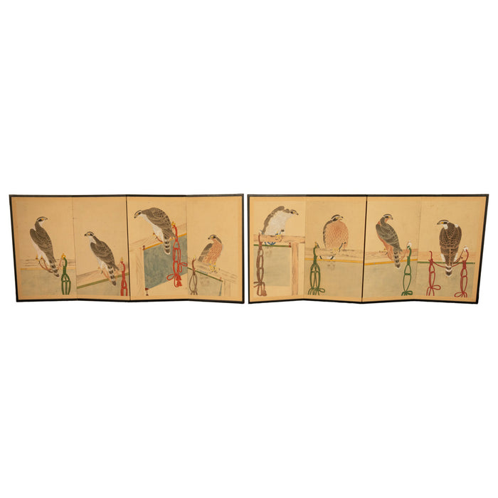 Pair Antique Japanese Edo Falcon Hawk Birds of Prey Takagari Screens 1880