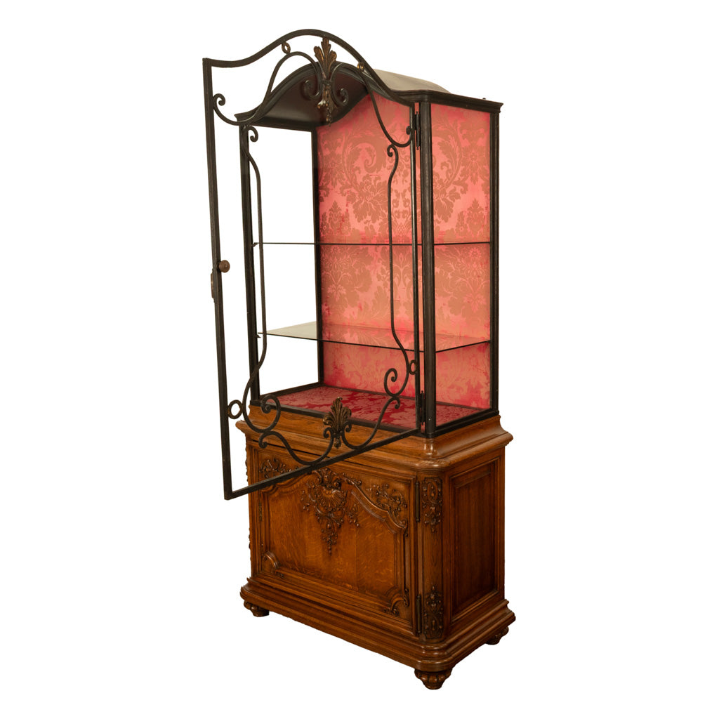 Antique French Louis VVI Carved Oak Iron & Glass Vitrine by Maison Soubrier 1900