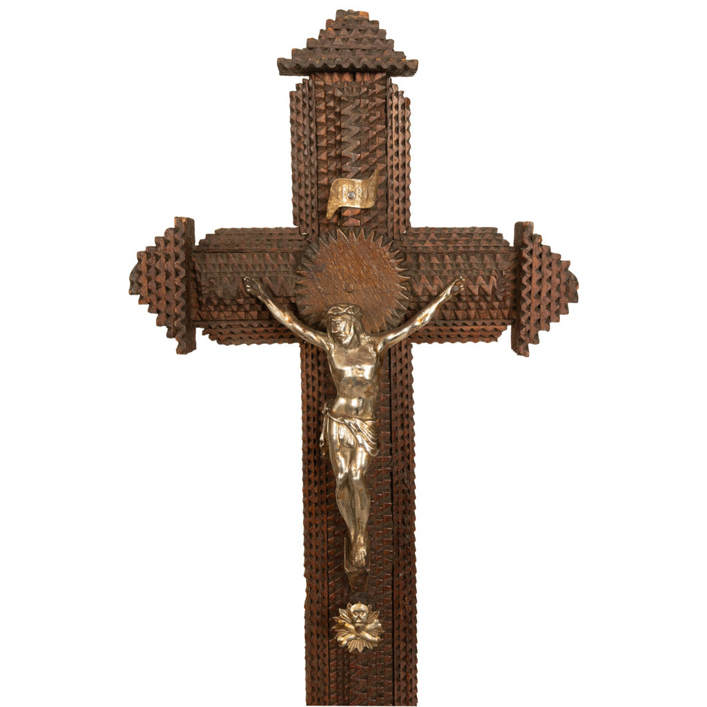 Antique American Tramp Art Carved Wood Crucifix John Zadora Pennsylvania 1900