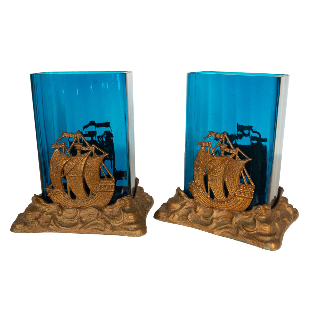 Antique American Art Deco Brass Glass Vases Ship Bookends Bradley & Hubbard 1925