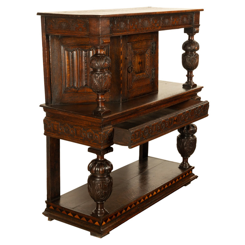 Antique 16th C Elizabethan Tudor Inlaid Oak Carved Court Cupboard Cabinet 1580