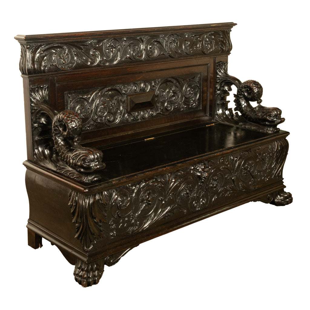 Antique Italian Renaissance Revival Carved Walnut Hall Bench Chest Dolphins 1870