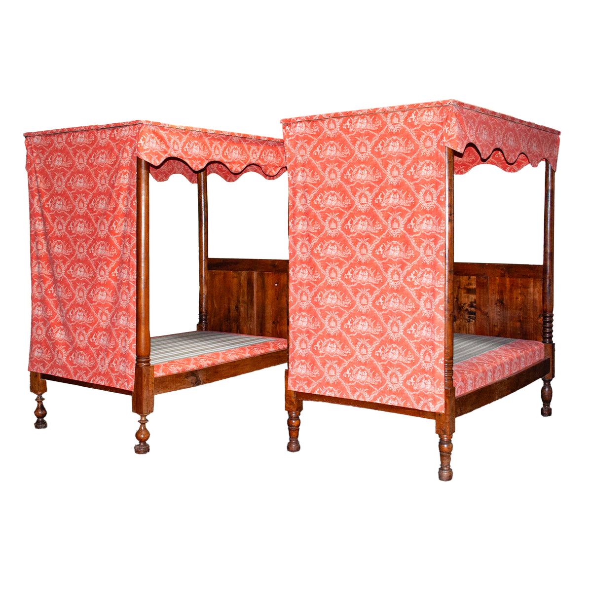 Pair 18th Century Antique French Four Poster Tester Canopy Cherry Twin Beds 1780