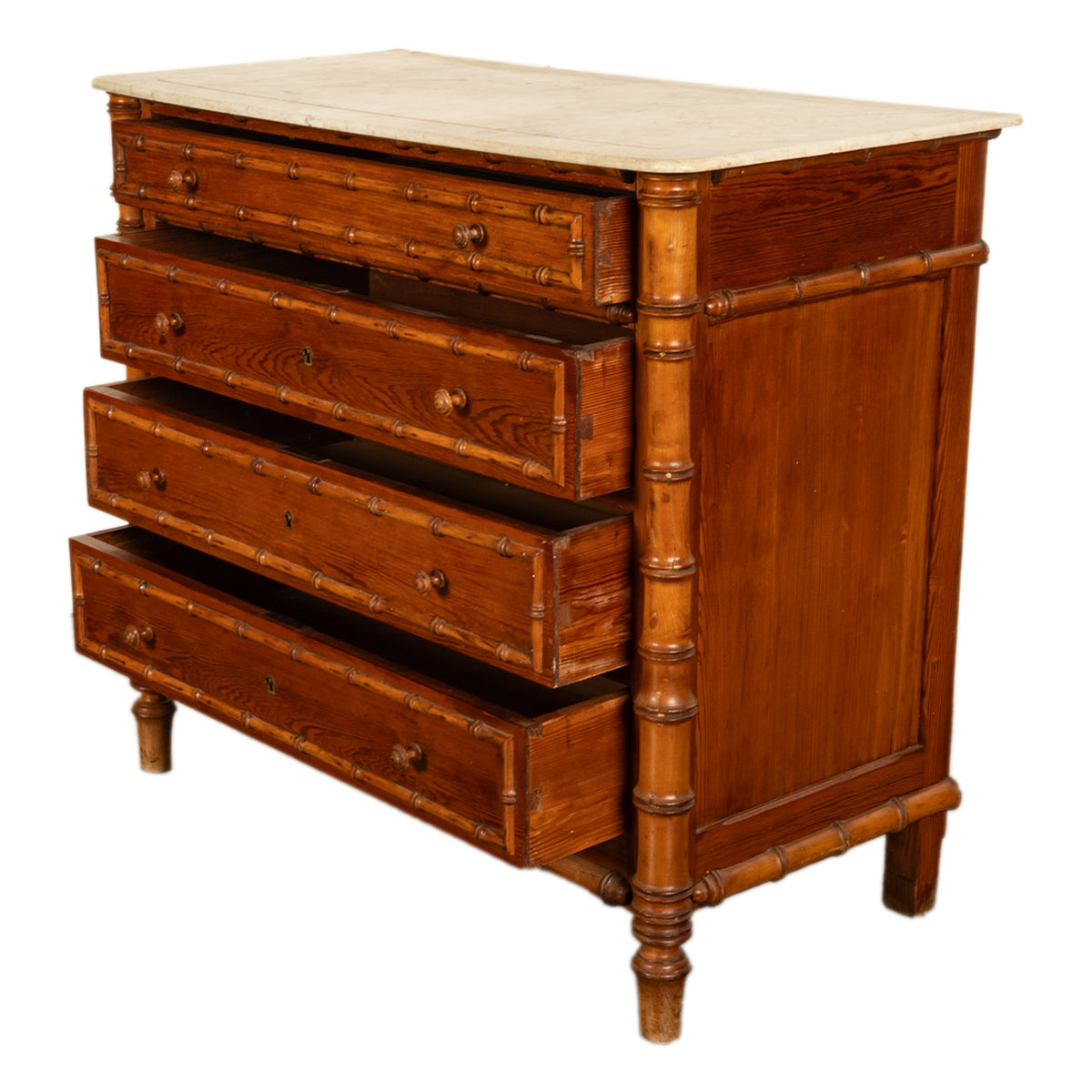 Antique 19th Century French Faux Bamboo Pine White Marble Chest Drawers Commode Circa 1880