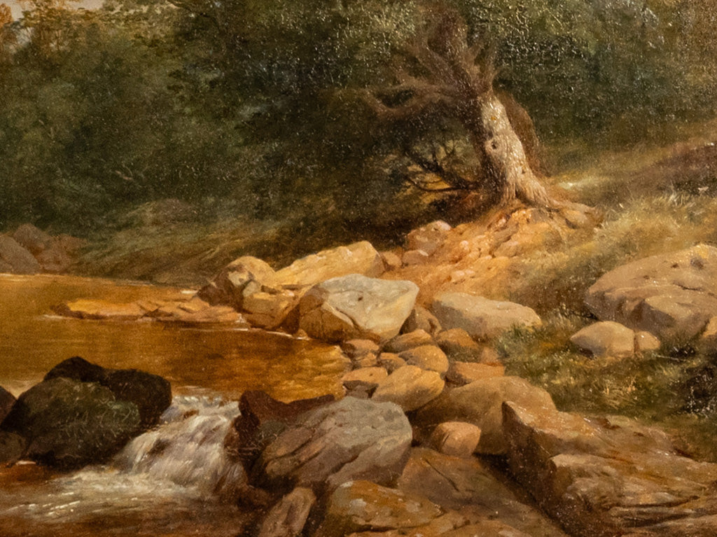 Large Antique English 19thC Oil Painting River Lyn Landscape Barnstaple Devon by Albert Lane, 1860