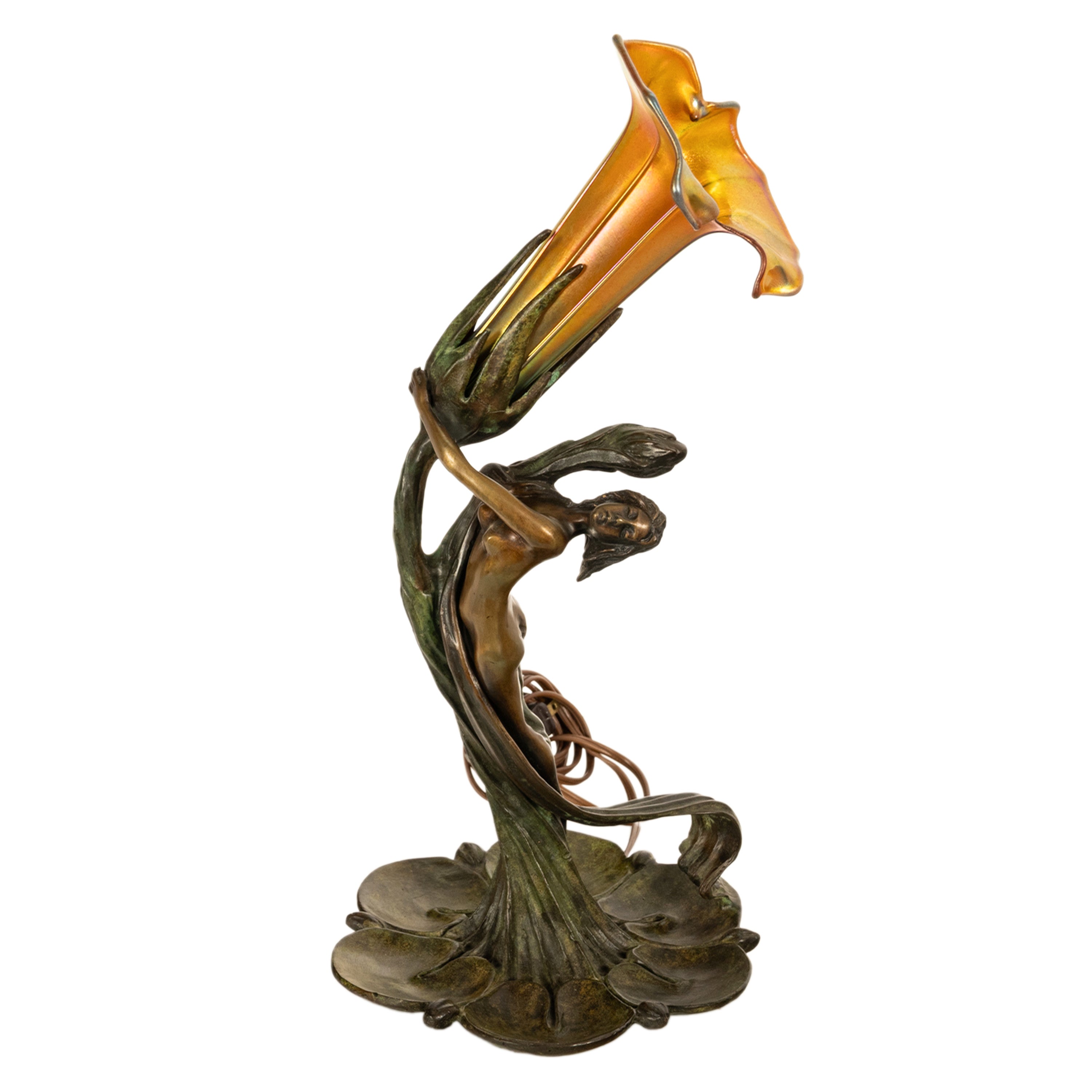 Antique Art Nouveau Austrian Bronze Figural Lamp Loetz Glass