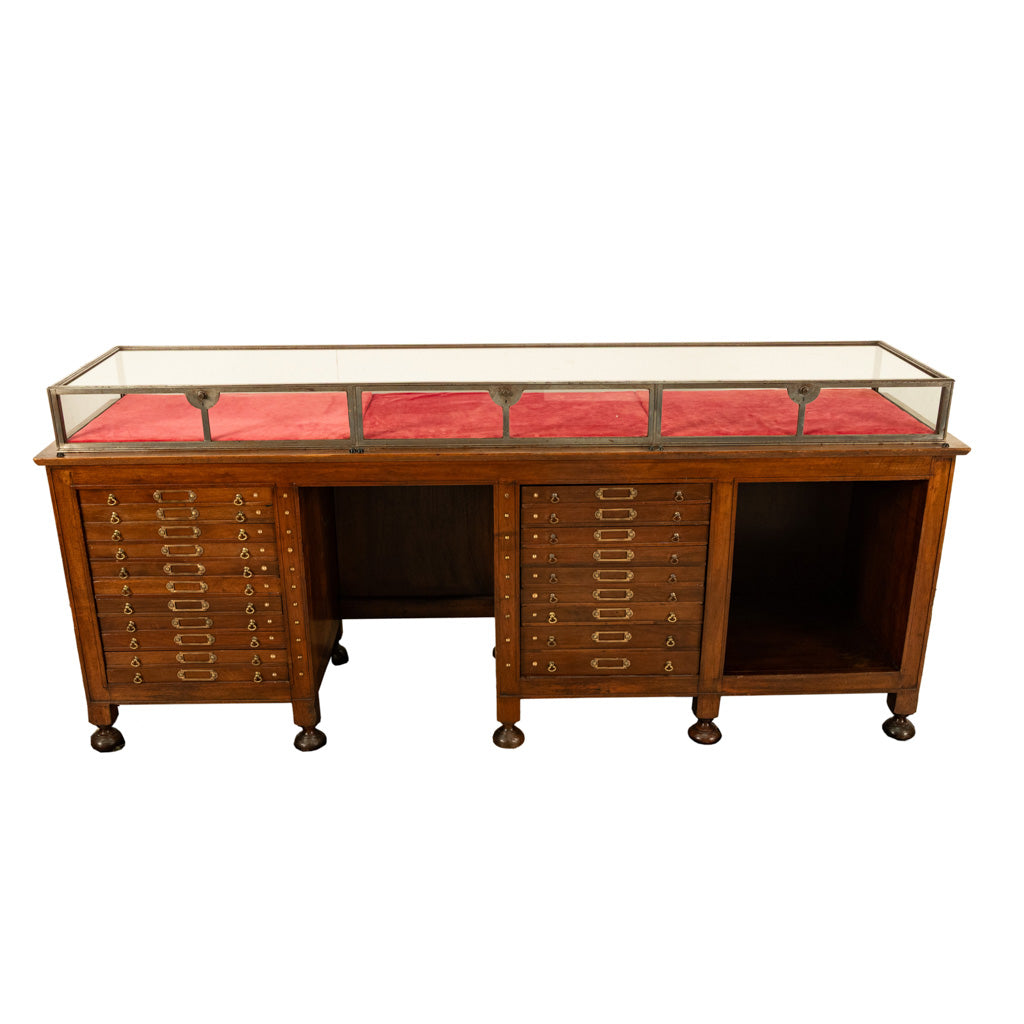 Antique Art Deco Jewelry Store Display Case Counter Walnut Bronze Glass 1920