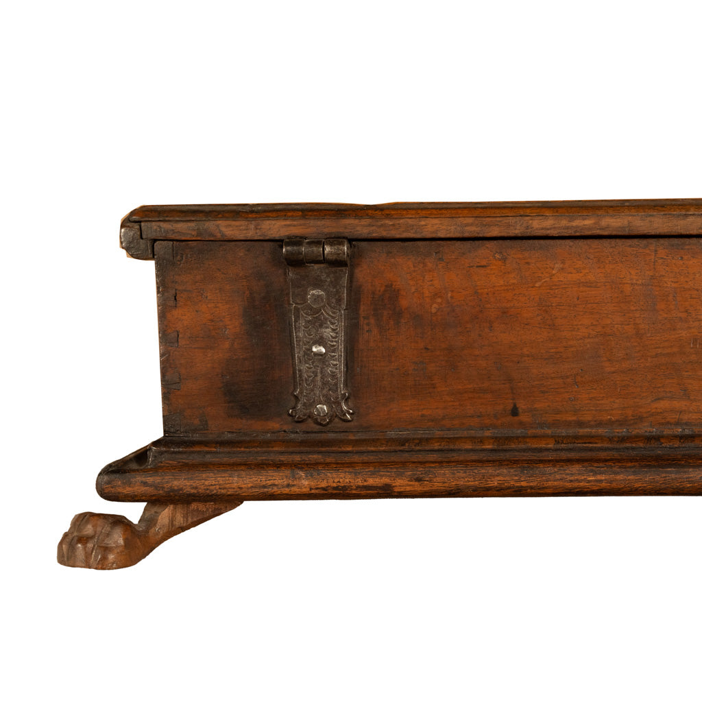 Antique Italian Baroque Walnut & Engraved Iron Jewelry Strong Box Cassone 1600