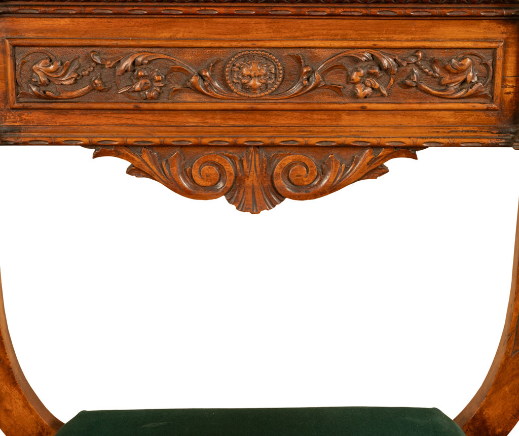 Antique Renaissance Revival Carved Walnut Green Man Savonarola Chair Circa 1890