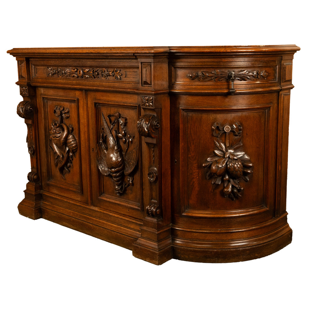 Antique 19thC French Black Forest Carved Oak Hunt Buffet Sideboard Bar 1870