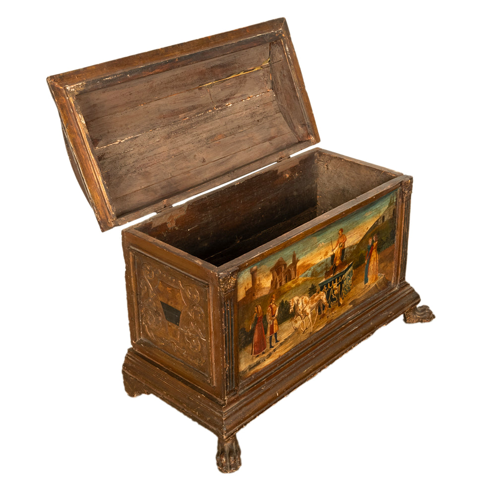Italian Renaissance Gilded & Painted Polychrome Carved Wood Cassone Ch ...