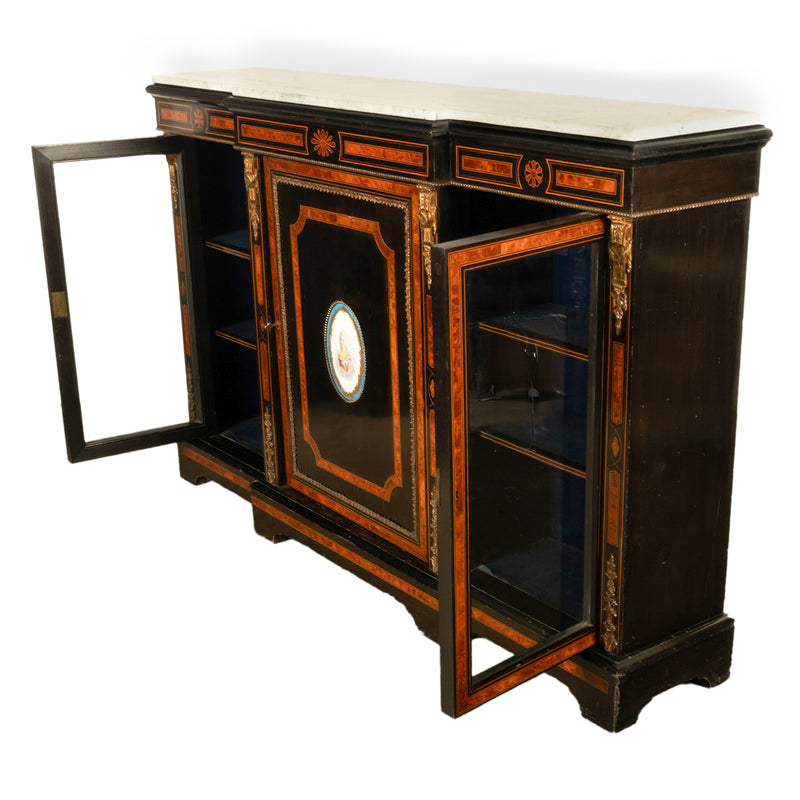 Antique French Napoleon III Ebony Ormolu Marble Sevres Porcelain Inlaid Credenza Cabinet 1860