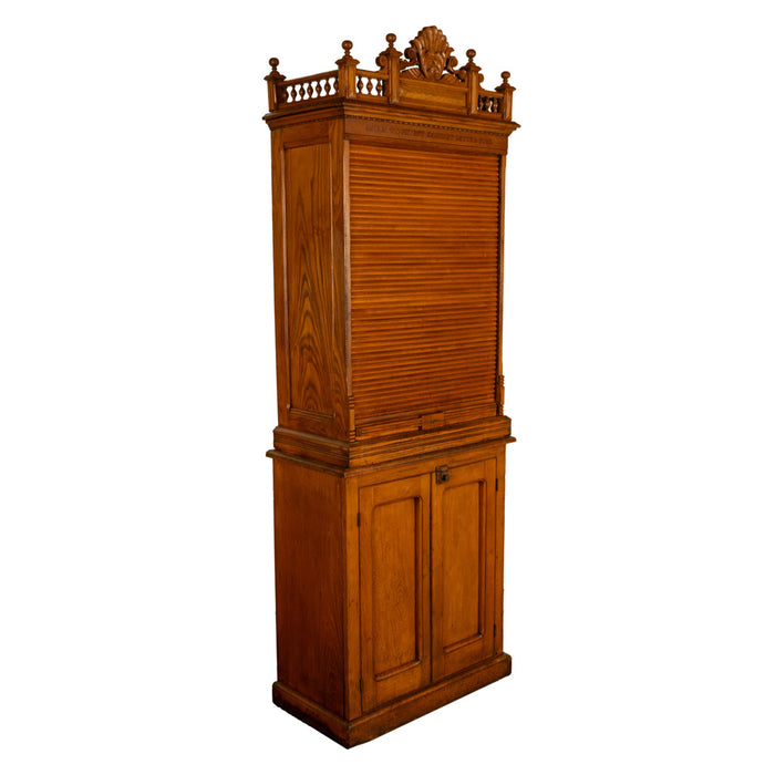 Antique American Carved Oak Victorian Roll Top Letter File Cabinet Amberg Co, 1883