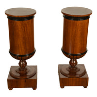 Pair Antique Austrian Walnut Biedermeier Drum Pedestal Cabinets Nightstands 1830