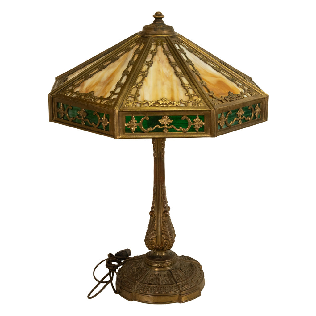 Antique American Arts & Crafts 3 Light Slag Glass Table Lamp by Miller Co. 1910