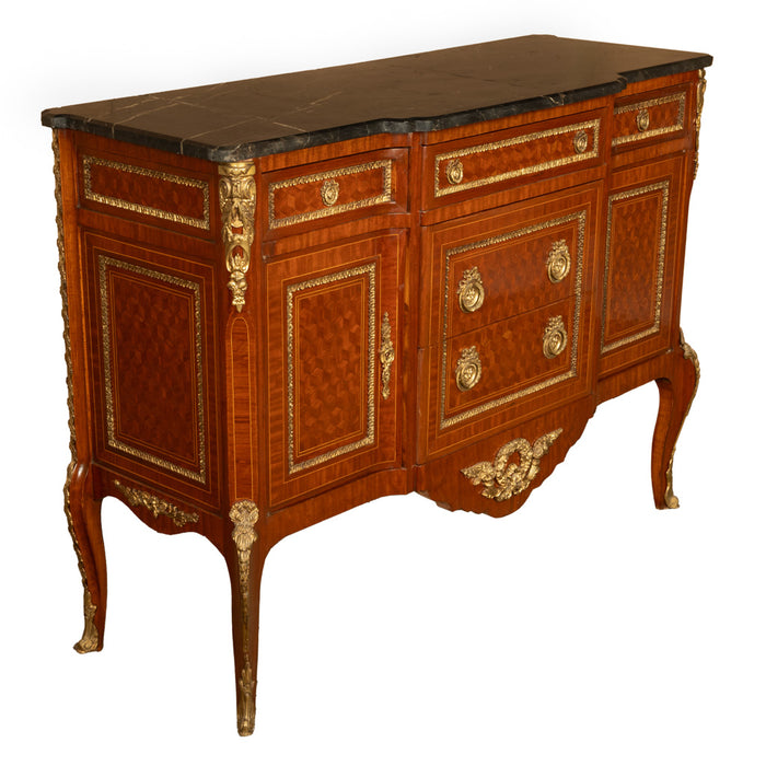 Antique French Parquetry Ormolu Marble Top Louis XVI Commode Chest Drawers 1880