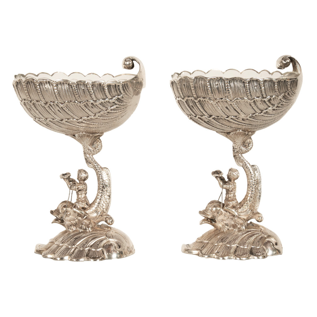 Antique Pair German Silver Master Salts Grotto Shells Putti Dolphins Hannau 1890