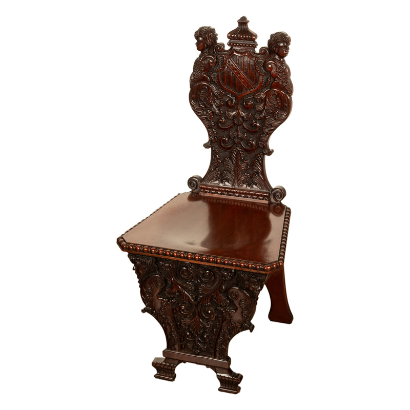 Antique Carved Italian Renaissance Revival Sgabello Chair Coat of Arms & Cherubs, 1870