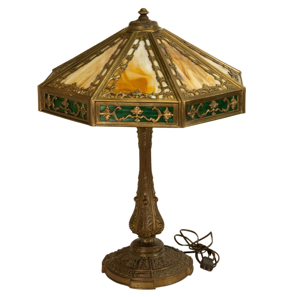 Antique American Arts & Crafts 3 Light Slag Glass Table Lamp by Miller Co. 1910