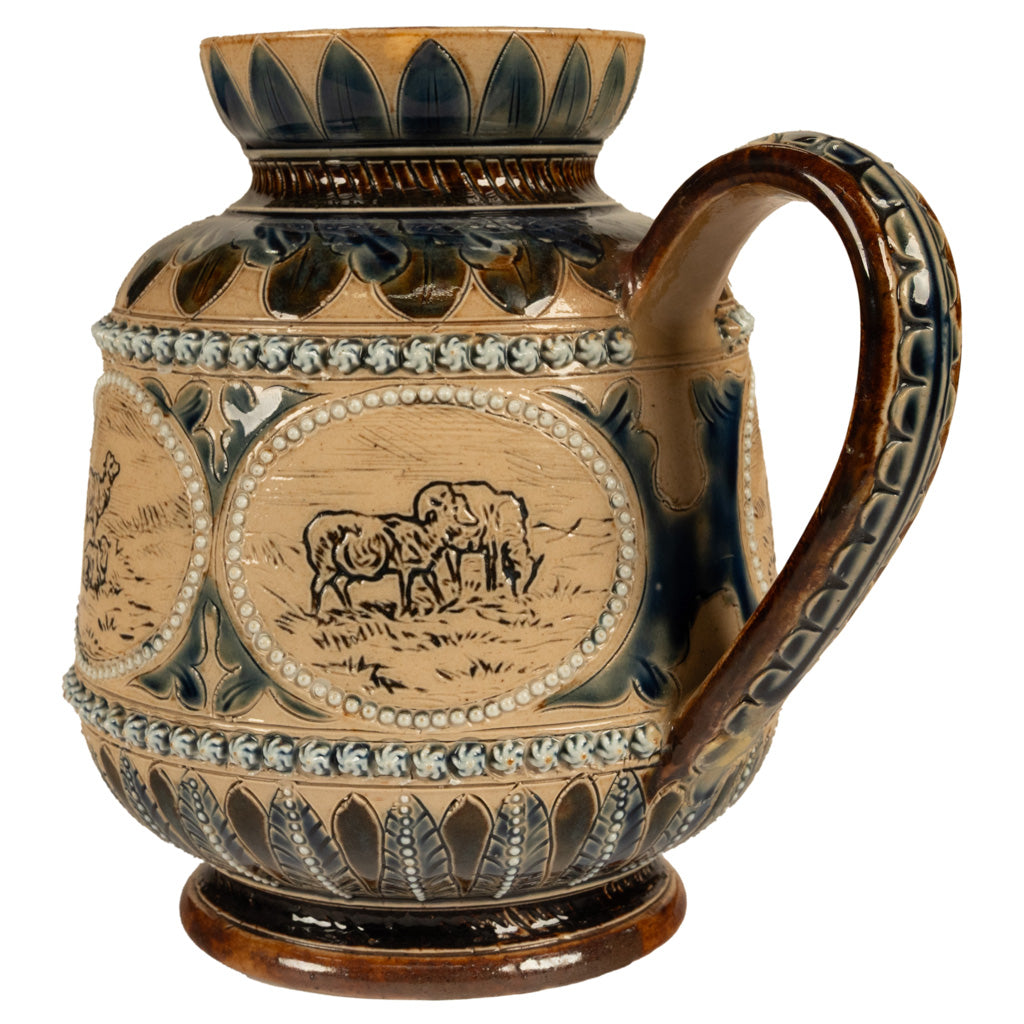 Antique Aesthetic Movement Doulton Lambeth Hannah Barlow Stoneware Jug Sheep, 1873