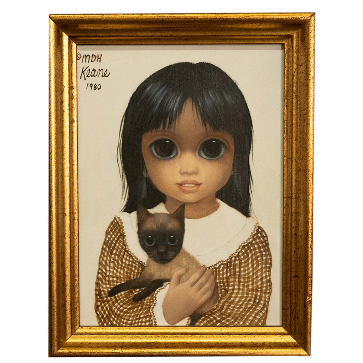 Authentic Oil Painting on Panel "Big Eyes" Beautiful Young Girl with Siamese Cat by Margaret Keane, 1980