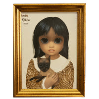 Authentic Oil Painting on Panel "Big Eyes" Beautiful Young Girl with Siamese Cat by Margaret Keane, 1980