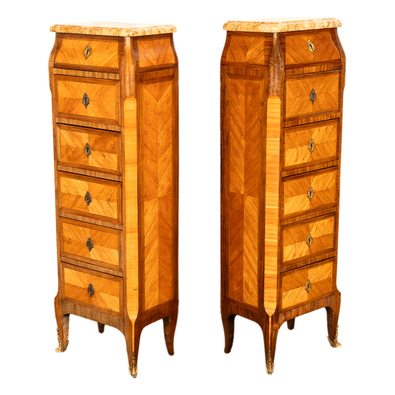 Antique Pair French Louis XV Chiffonier Marble & Kingwood Tall Lingerie Chests Circa 1880