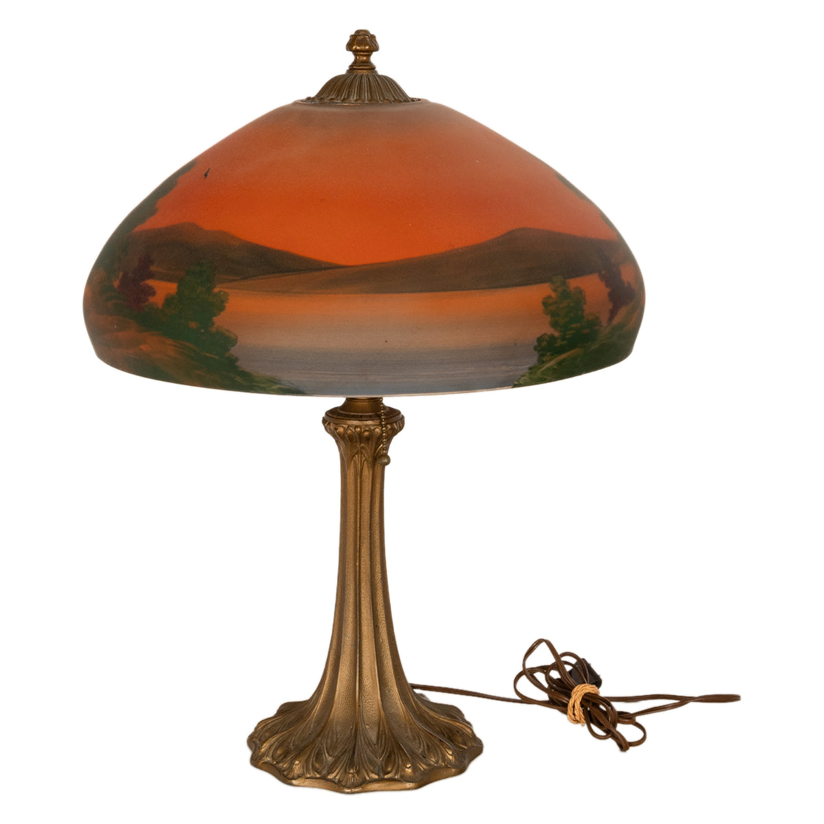 Antique American Pittsburgh Reverse Painted Glass Bronze Table Lamp Signed 1920