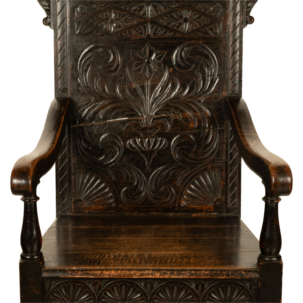 Antique 17th Century English Charles II Oak Carved Wainscot Armchair 1680