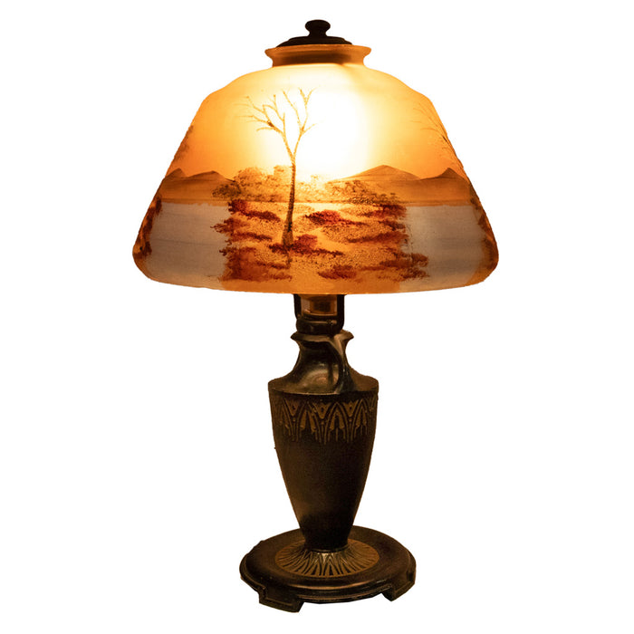 Antique Art Deco Moe Bridges Reverse Painted Landscape Boudoir Table Lamp 1920