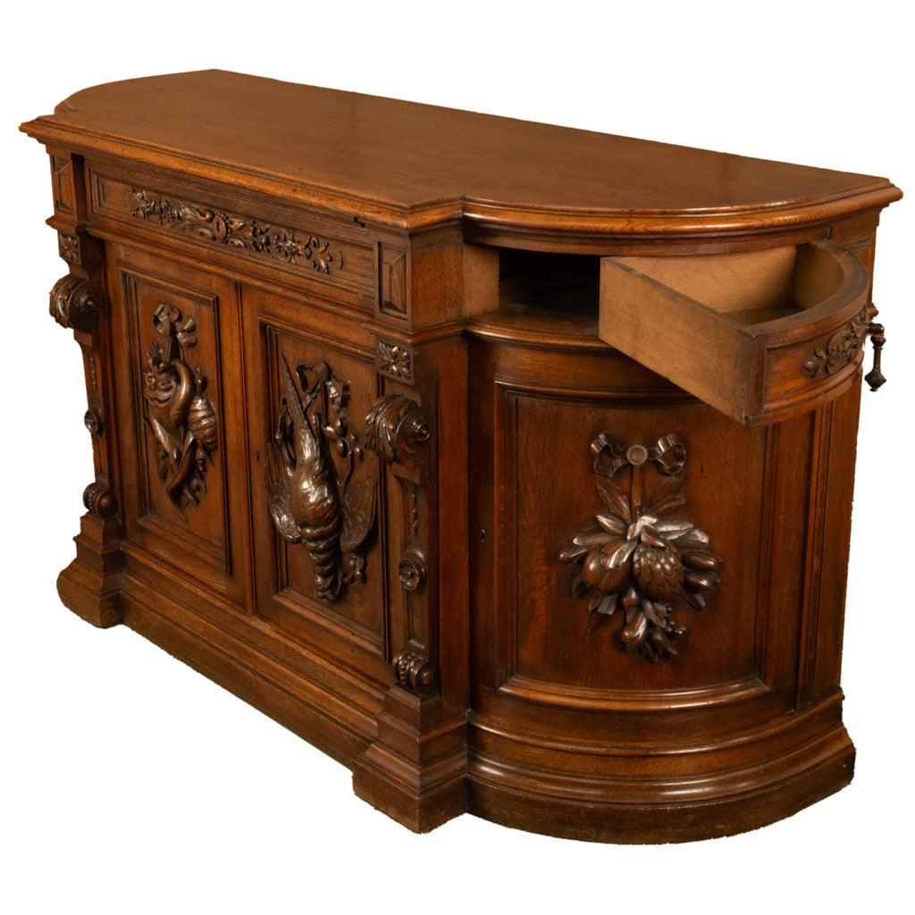 Antique 19thC French Black Forest Carved Oak Hunt Buffet Sideboard Bar 1870