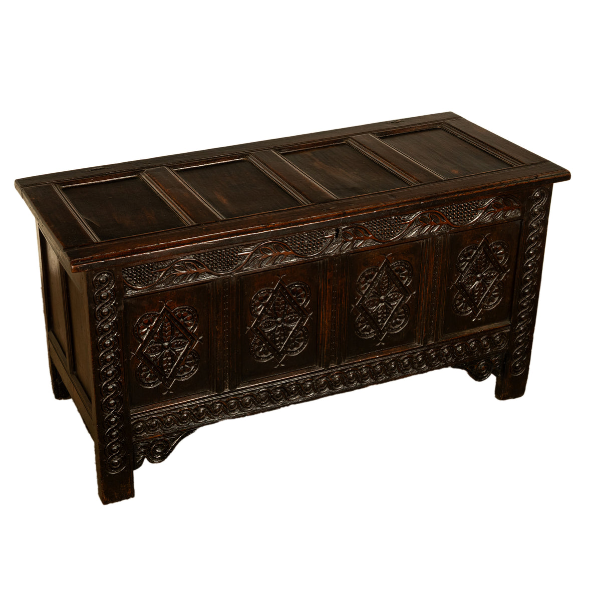Antique 17th Century Jacobean Charles II Dark Oak Carved Coffer Chest 1680