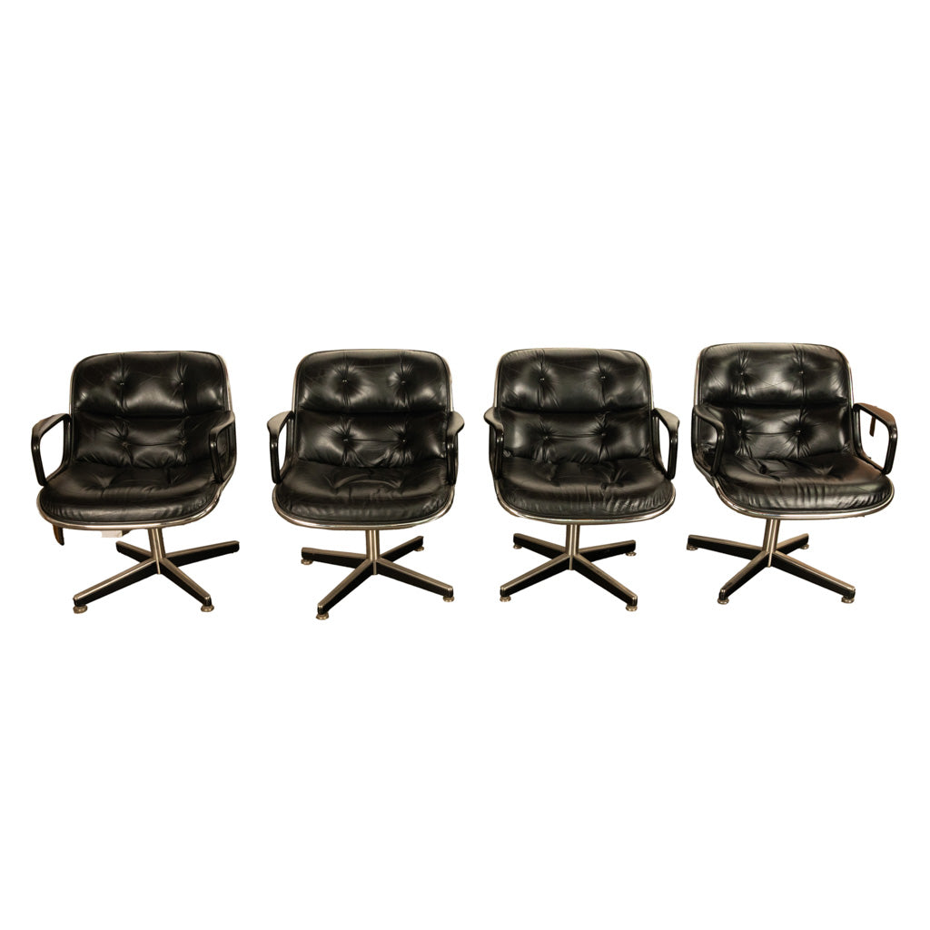 Set of 4 Mid Century Modern Charles Pollock Knoll Black Leather Executive Chairs, 1963