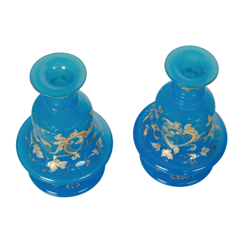 Antique Pair French Blue Opaline Gilded Enamel Glass Perfume Bottles Flacon 1850