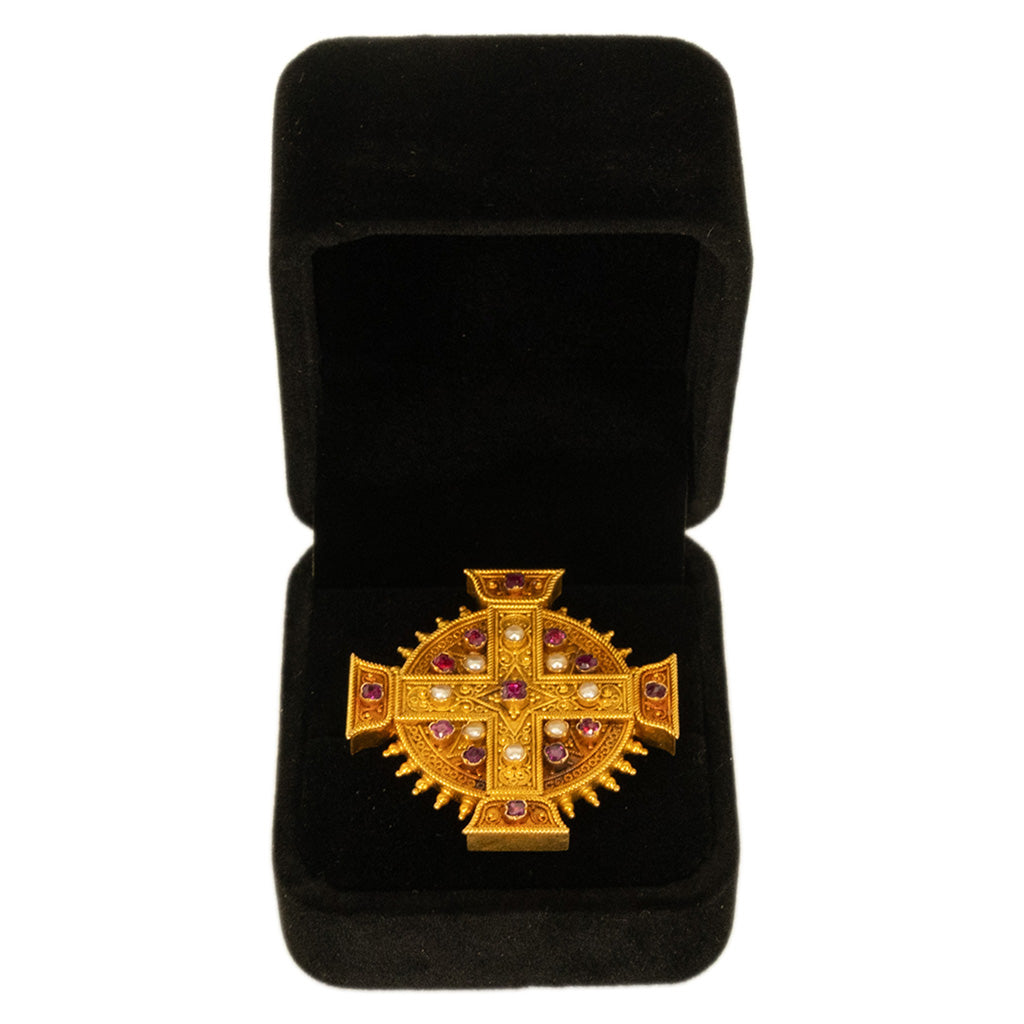 Antique Italian Etruscan Revival 22k Gold Brooch Rubies & Pearls Marchesini 1870