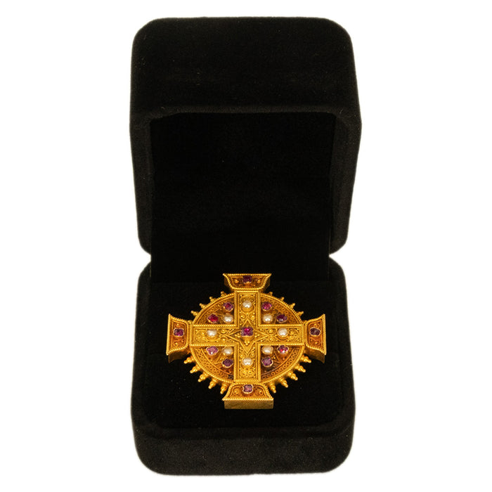 Antique Italian Etruscan Revival 22k Gold Brooch Rubies & Pearls Marchesini 1870