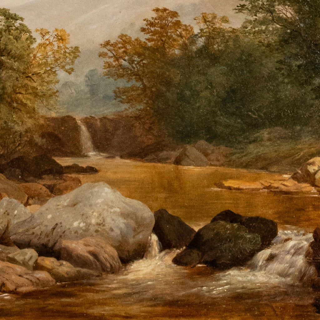 Large Antique English 19thC Oil Painting River Lyn Landscape Barnstaple Devon by Albert Lane, 1860