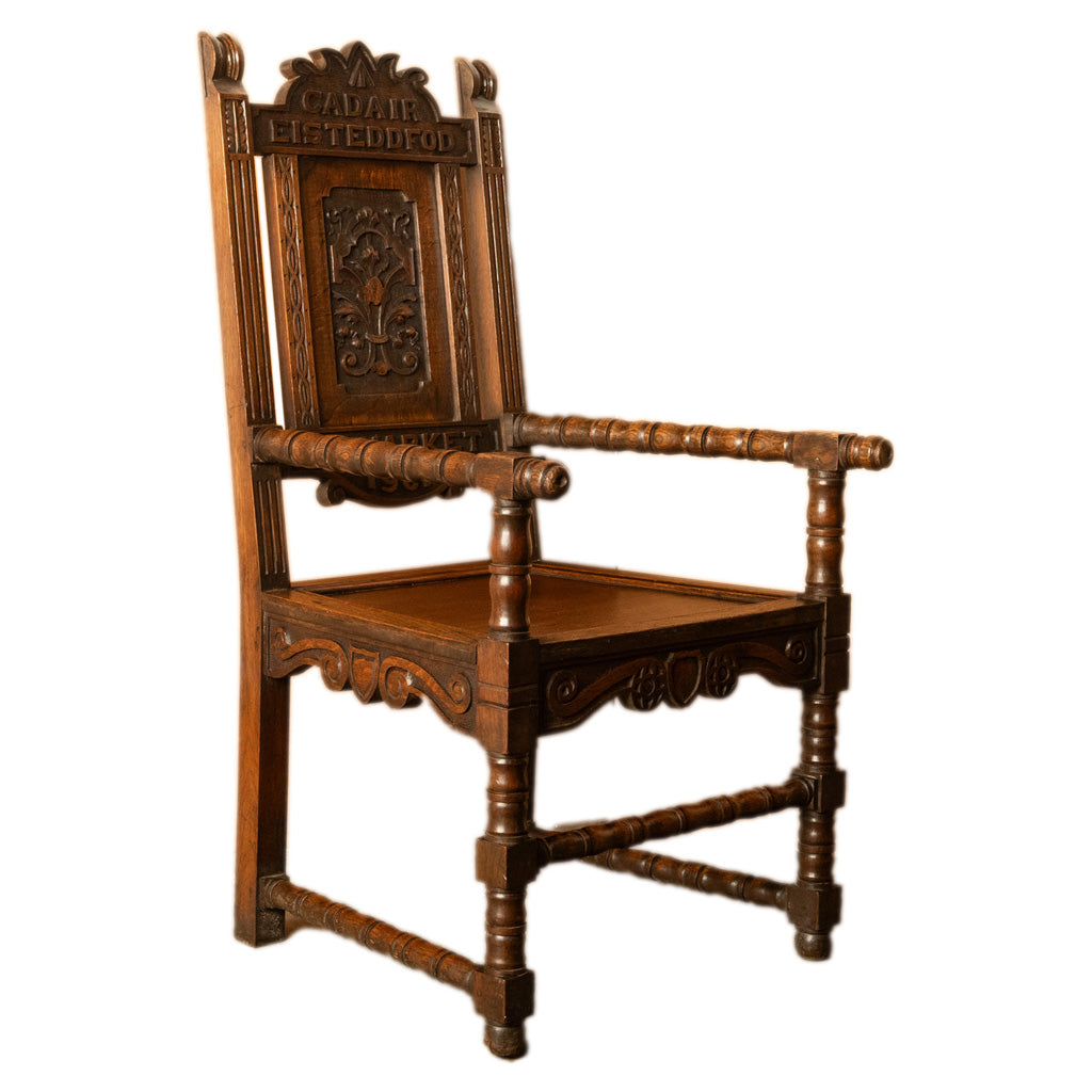 Antique Welsh Carved Oak Eisteddfod Bardic Chair Newmarket Trelawnyd Wales 1901