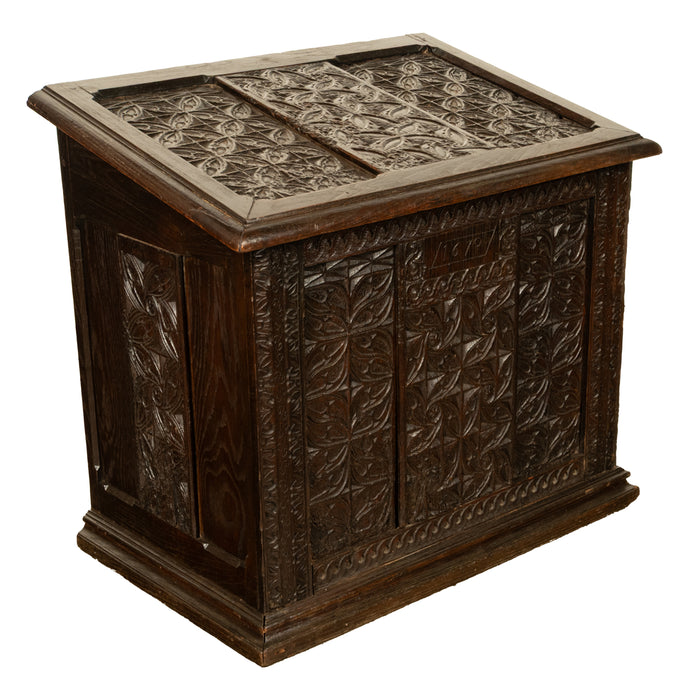 Antique French Medieval Gothic Carved Oak Chest Coffer 17th Century Panels 1679