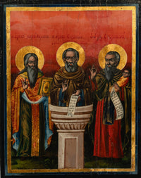 Antique Greek Eastern Orthodox Religious Painted Icon Egg Tempera 3 Saints 1780