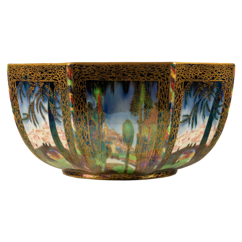 Large Wedgwood Fairyland Lustre Potrcelain Bowl Elves Boxing Match & Castle on a Road 1920