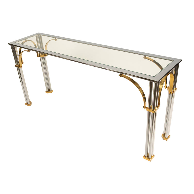Mid Century Modern Chrome & Brass Glass Console Sofa Table by John Vesey 1960s