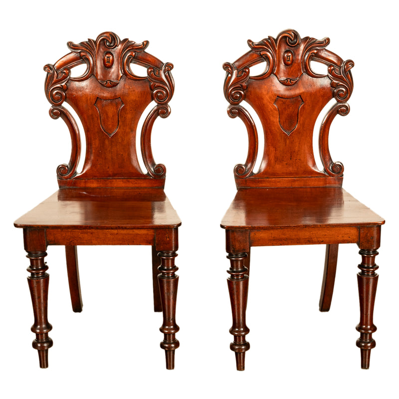 Pair Antique Regency Carved Mahogany Country House Shield Back Hall Chairs 1825