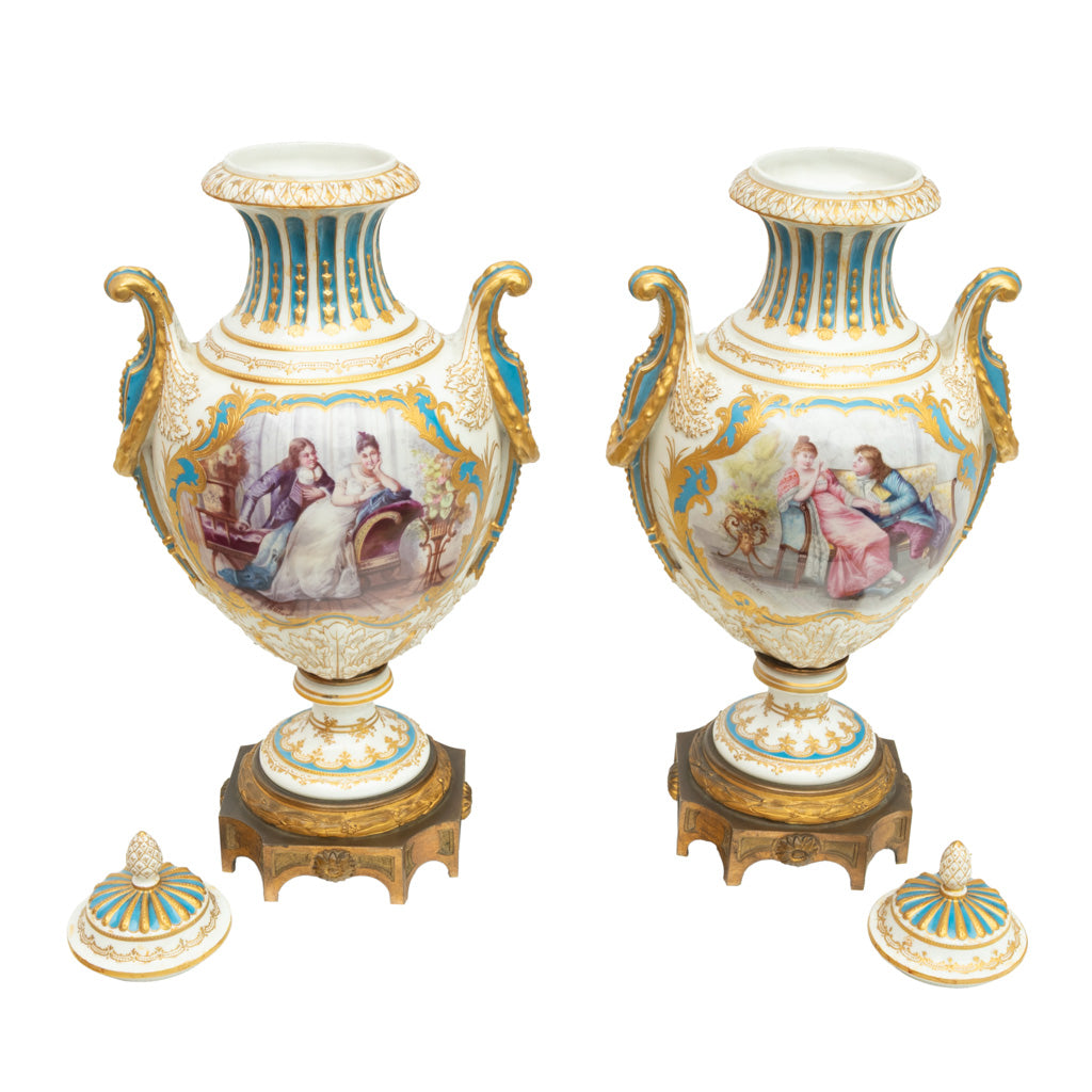 Pair Antique French Sevres Handpainted Gilded Ormolu Porcelain Urns signed 1890
